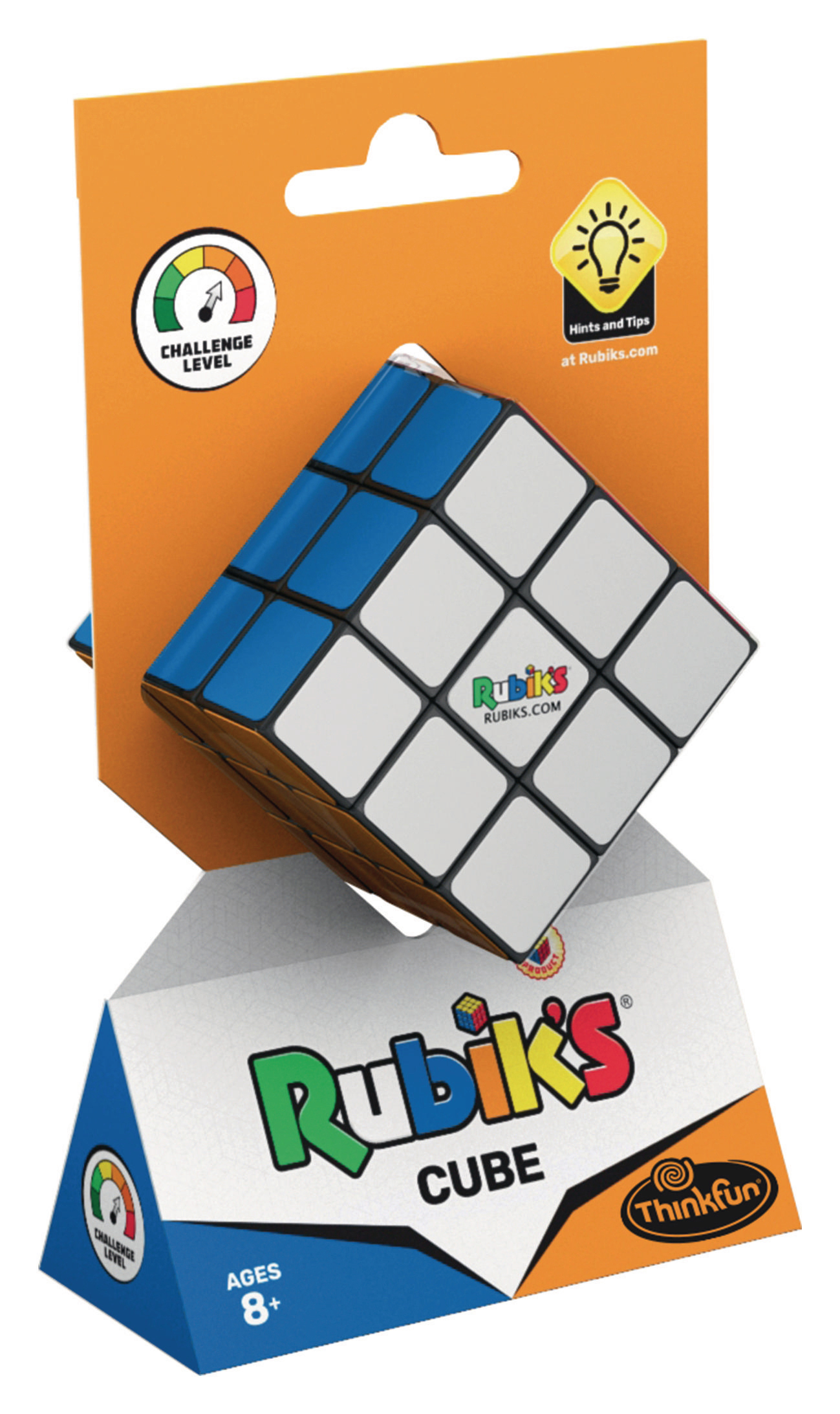 Rubik's Cube-Verpackung. Ein blau-weißer Würfel in einer Karton-Displaybox.