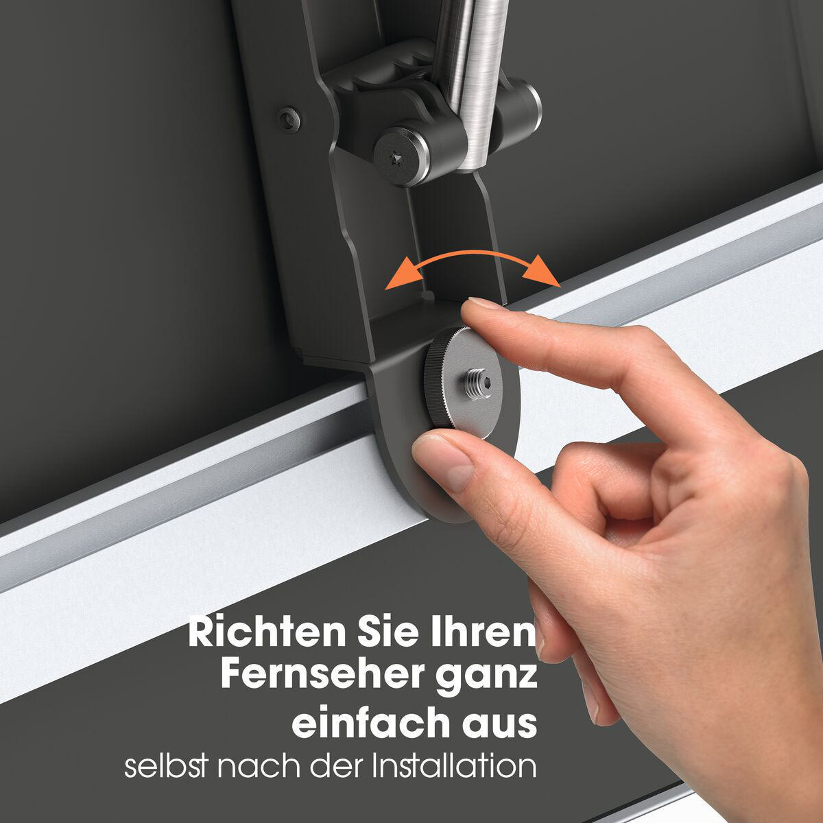 Eine Hand, die eine Schraube an einem schwarzen und silbernen Gerät einstellt, mit Text darunter.