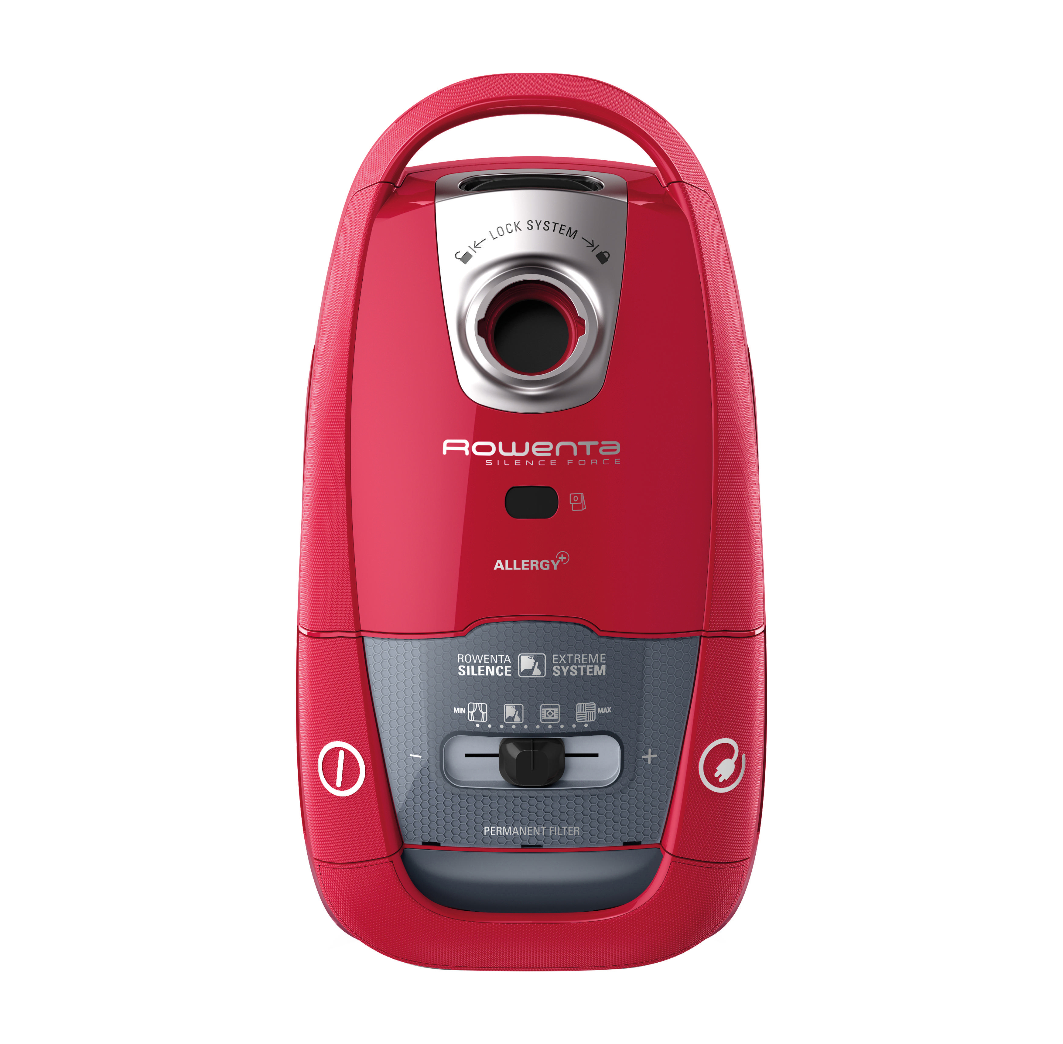 Ein roter Rowenta Staubsauger mit Griff und Bedienelementen. Weißer Hintergrund.