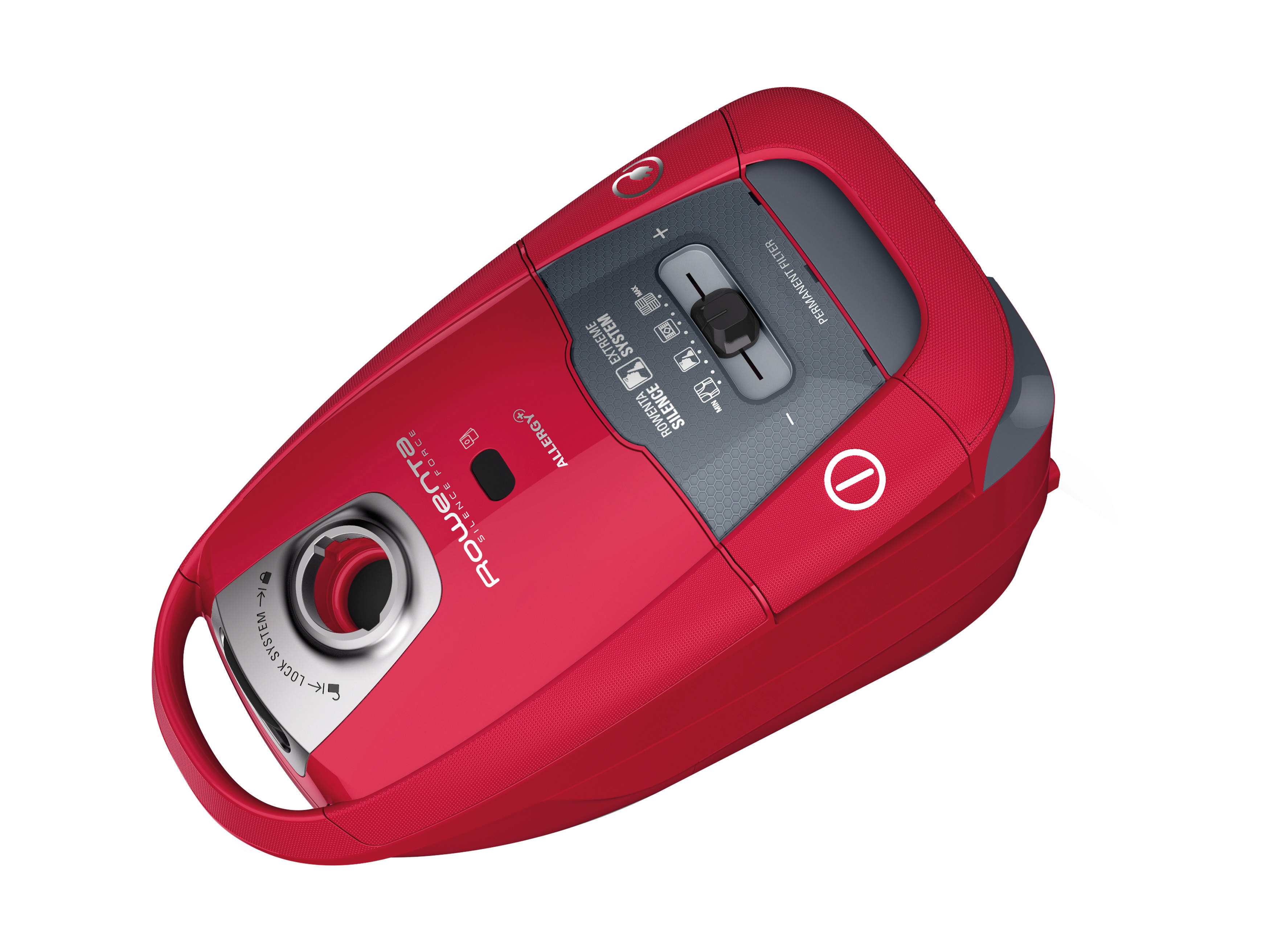 Roter Staubsauger, schräge Ansicht, freigestellt.
