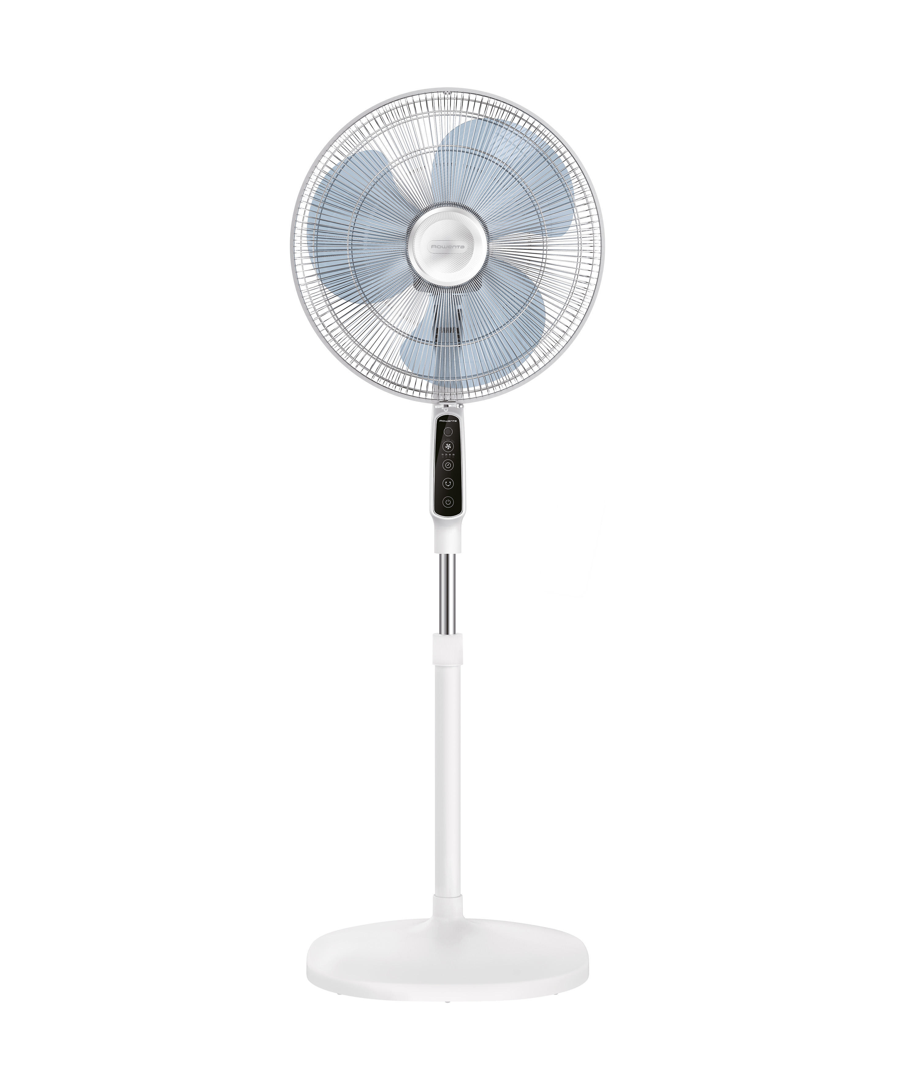 Ein weißer Standventilator mit silbernem Käfig und blauen Lüfterflügeln.