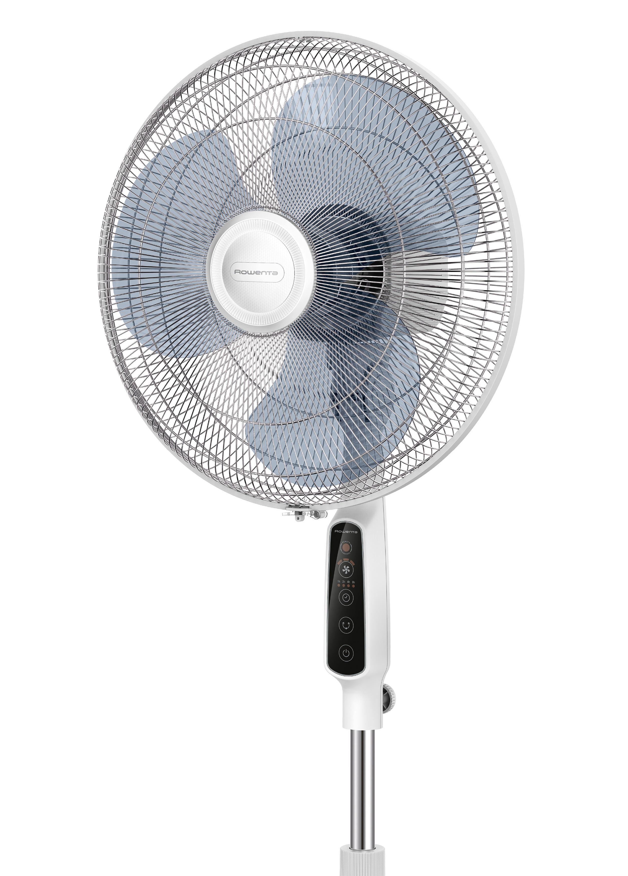 Weißer Standventilator mit blauen Flügeln und Bedienfeld.