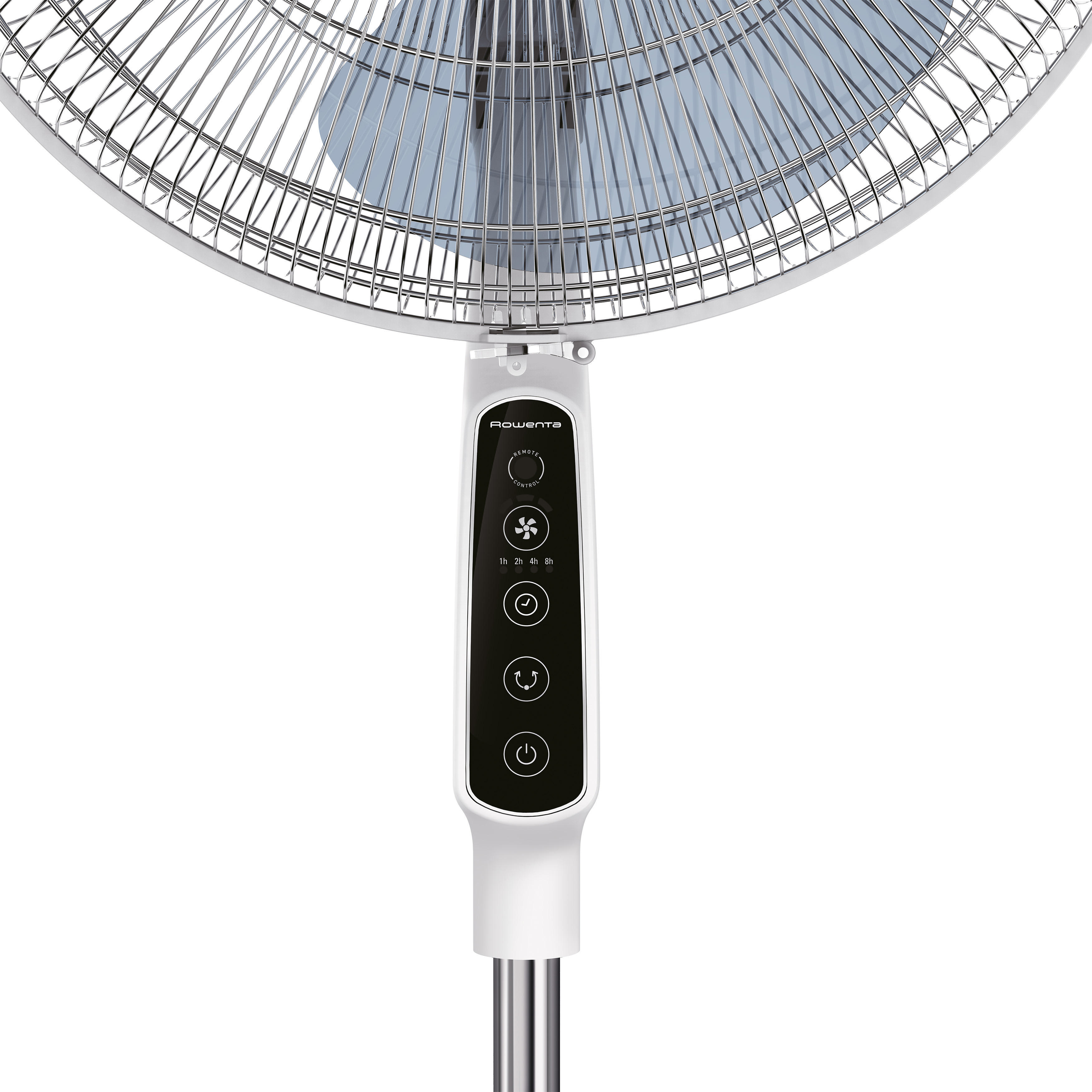 Ein chrom- und weißfarbener Rowenta-Ventilator mit digitalem Bedienfeld auf der Vorderseite.