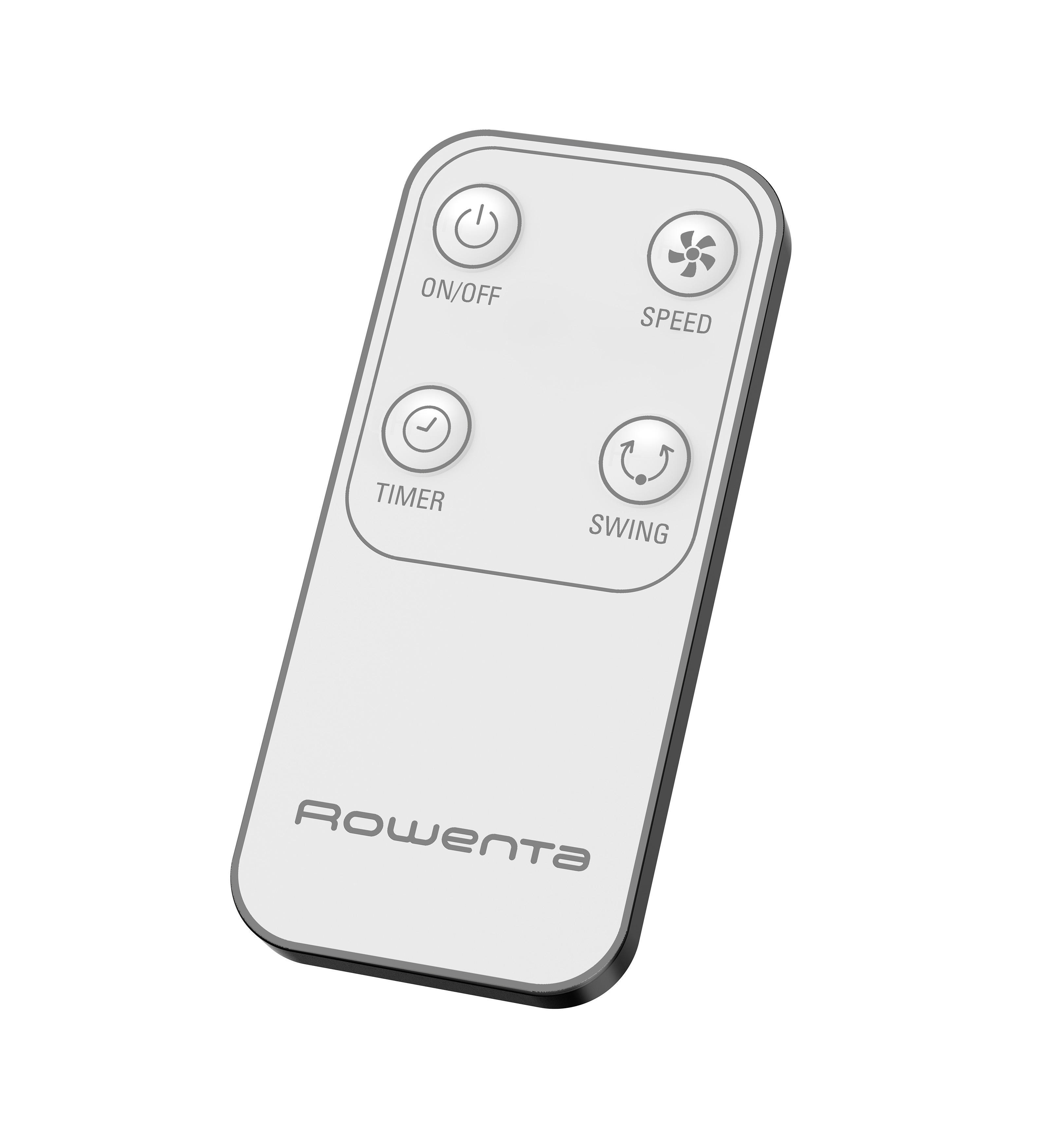Eine weiße Rowenta-Fernbedienung mit Ein-/Aus-, Geschwindigkeits-, Timer- und Schwenktasten.