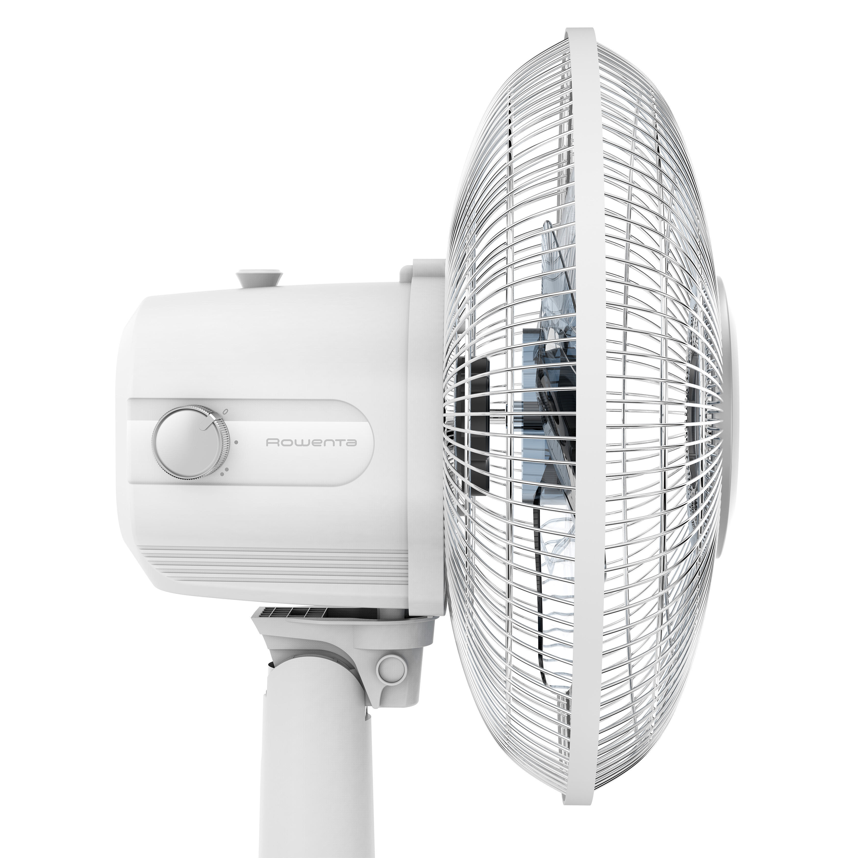 Weißer Rowenta-Standventilator, Seitenansicht, mit weißem Hintergrund.