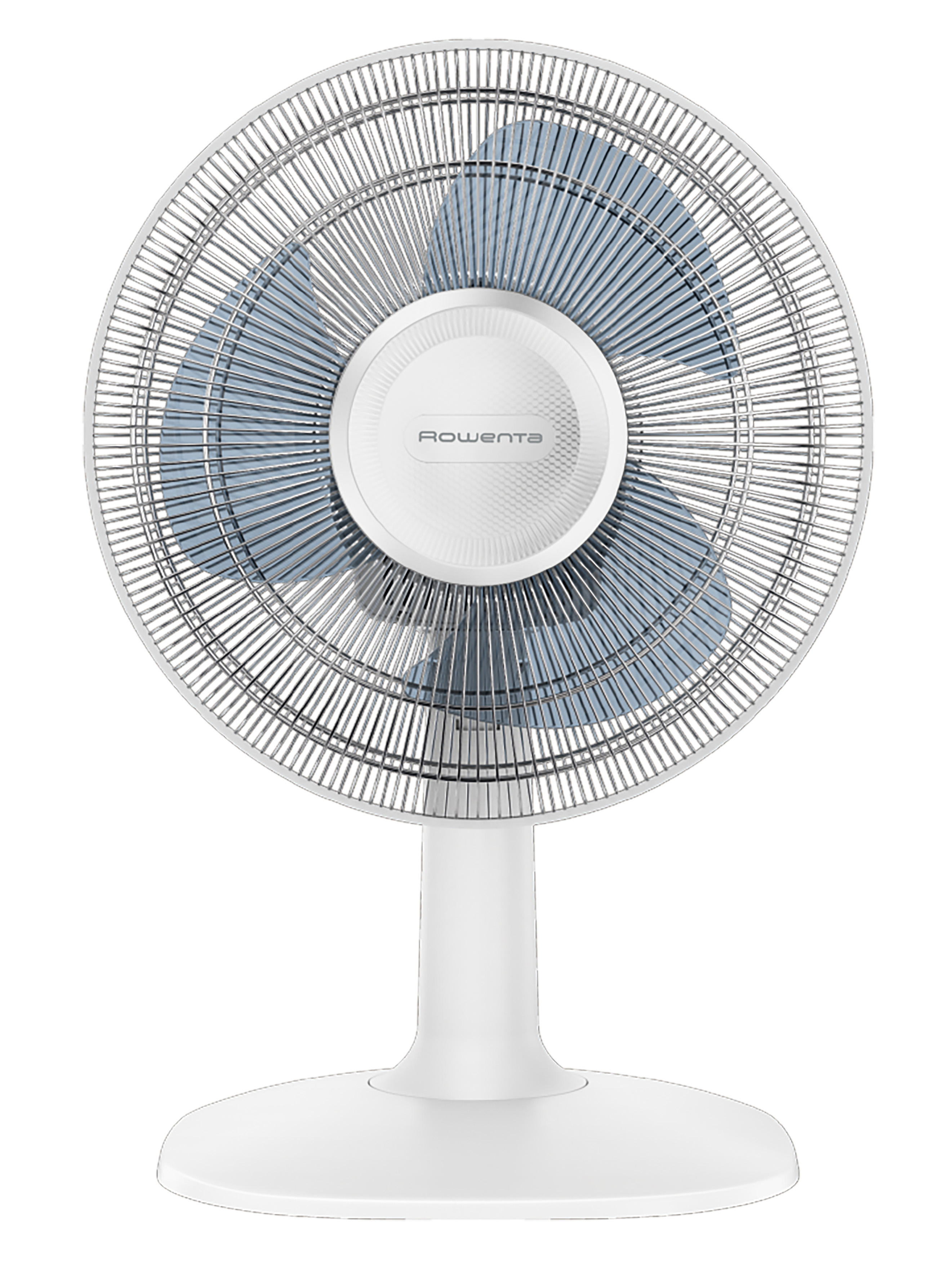 Weißer Ventilator mit blauen Flügeln auf weißem Sockel.