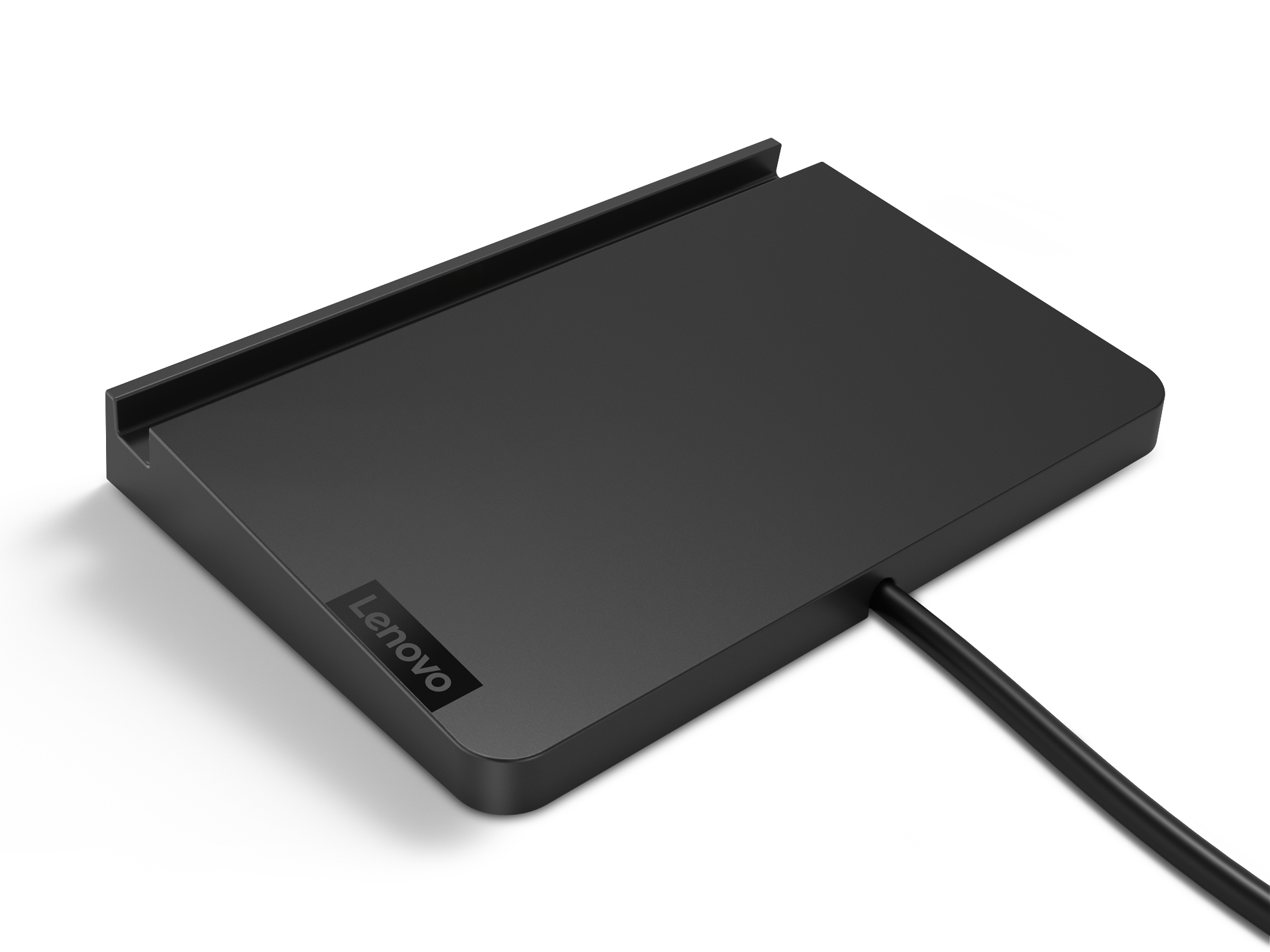 Eine schwarze Lenovo-Dockingstation mit einem schwarzen Kabel, das sich von der Seite erstreckt.