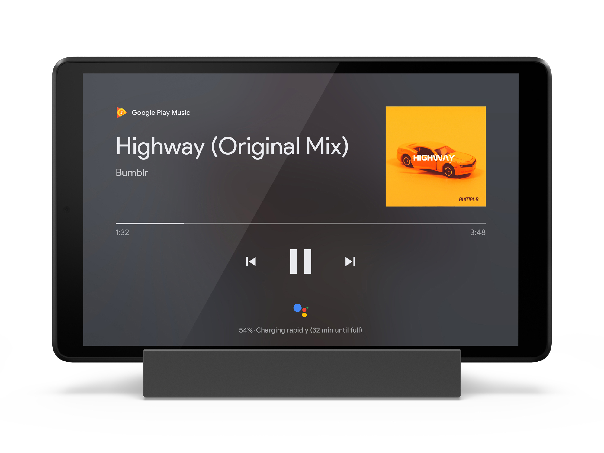 Ein Tablet mit Google Play Music und einem Autobild.