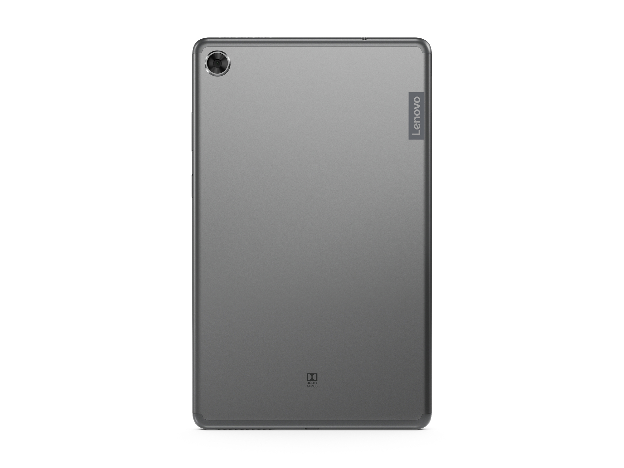 Ein graues Lenovo Tablet von hinten gezeigt, mit einem Kameraobjektiv.