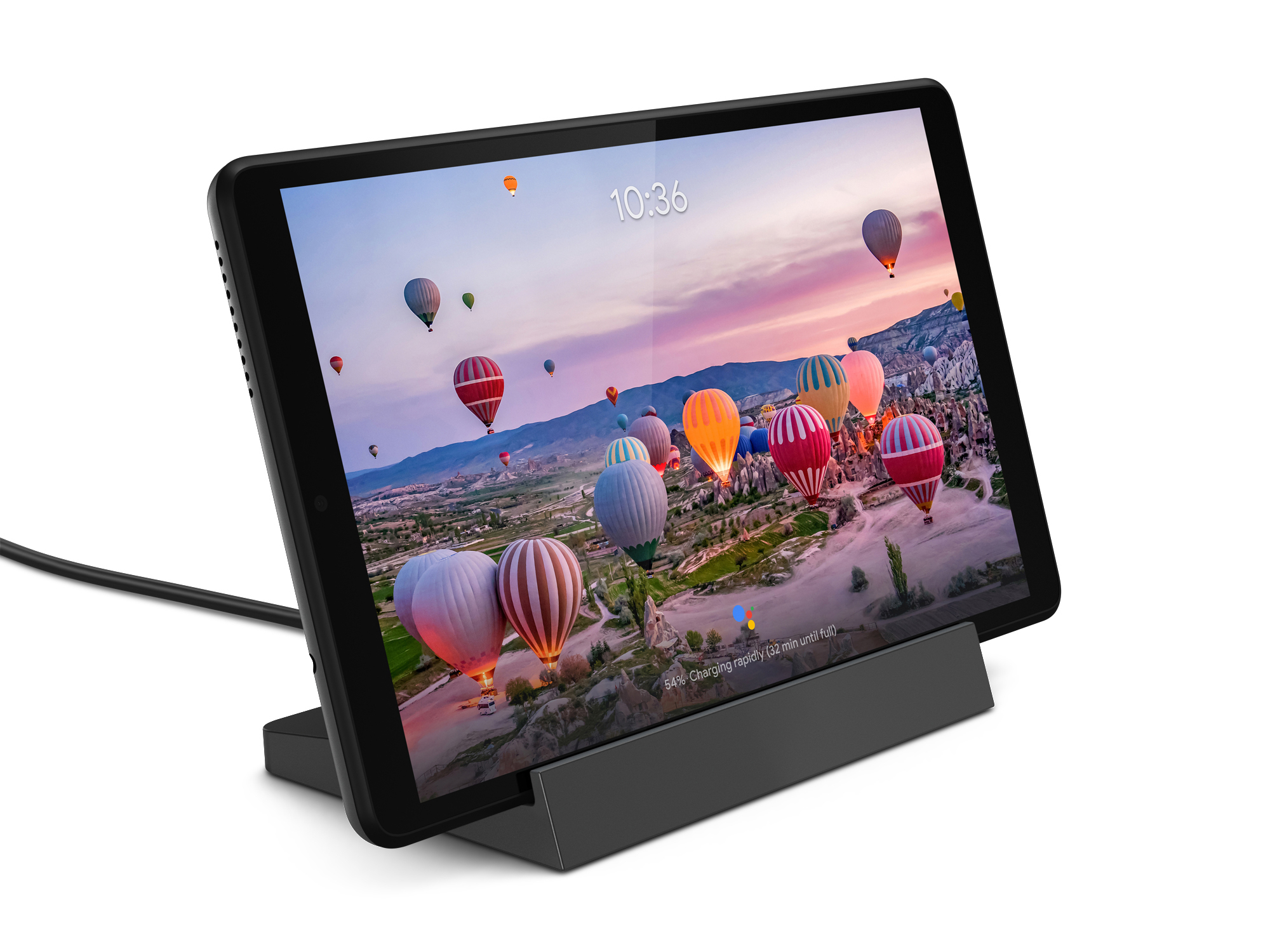 Schwarzes Tablet auf einem Ständer mit Heißluftballons.