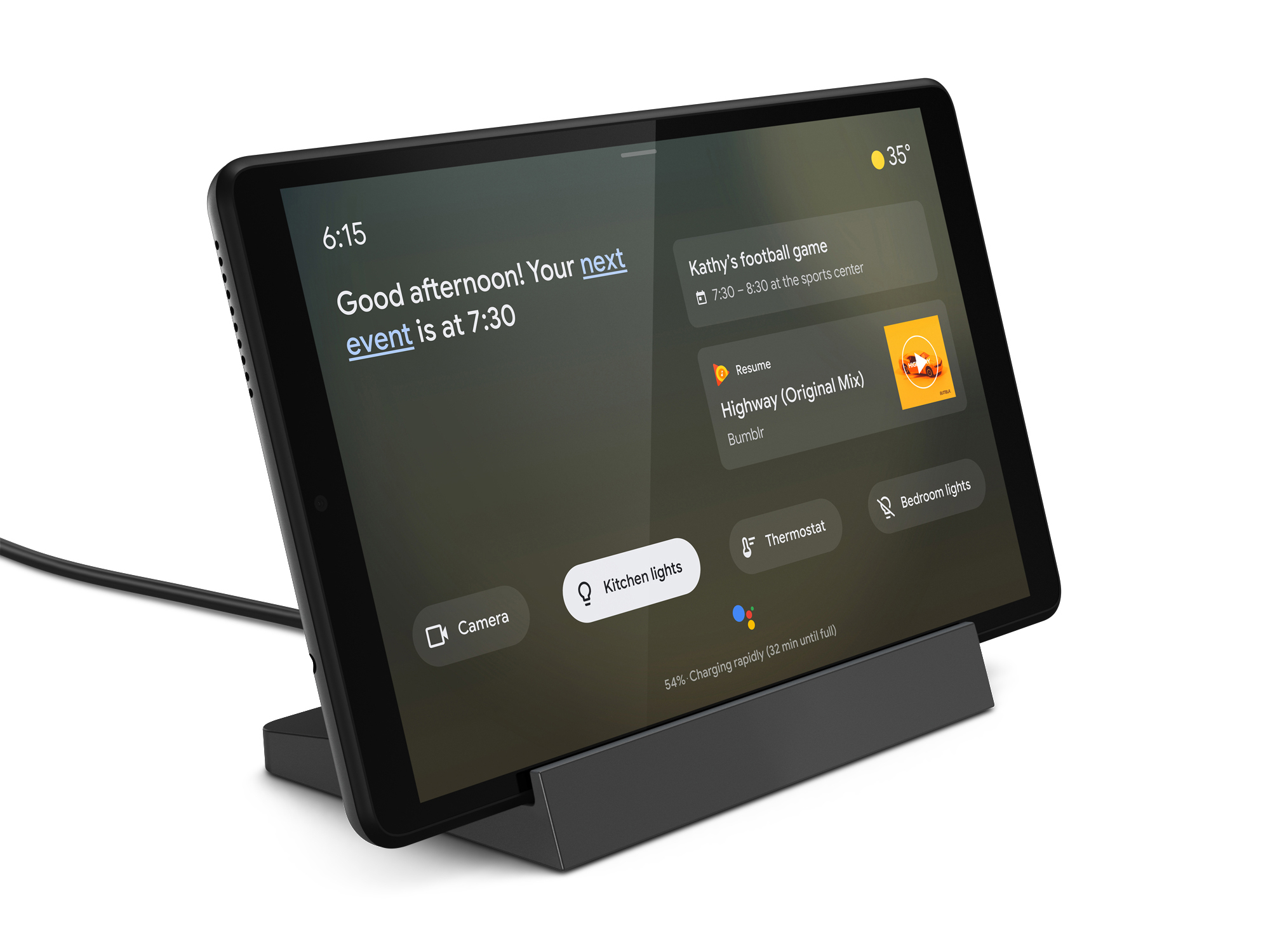Tablet auf Ständer, zeigt Startbildschirm mit Zeit, Ereignissen und Smart-Home-Steuerung.