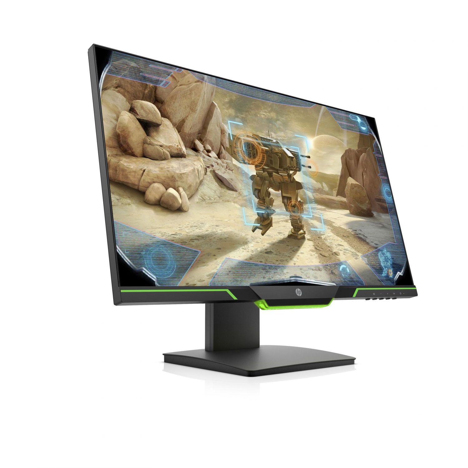 Un monitor de juegos muestra una escena de juego con un robot. El monitor es negro con detalles verdes.