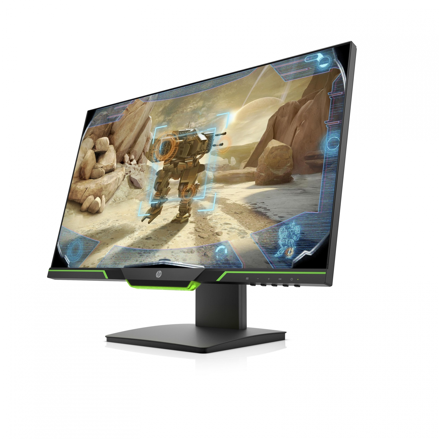 Un monitor de juegos HP que muestra una escena de batalla futurista con un robot.