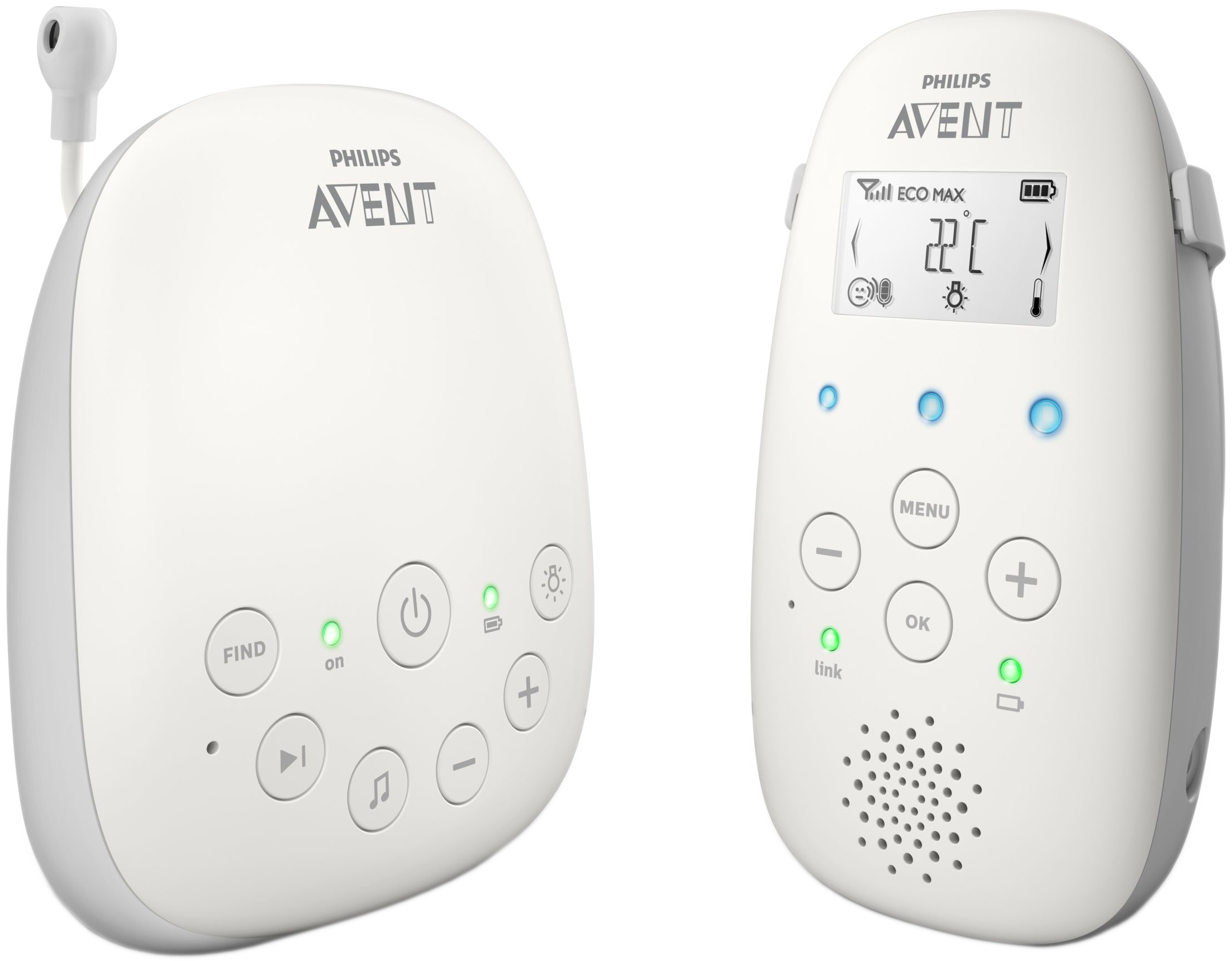 Deux babyphones blancs Philips Avent. L'un affiche la température, l'autre a des boutons.