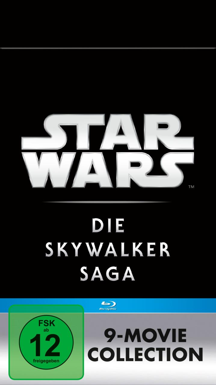 Star Wars: The Skywalker Saga 9-Movie Collection Blu-ray-Cover, schwarzer Hintergrund, Logo.