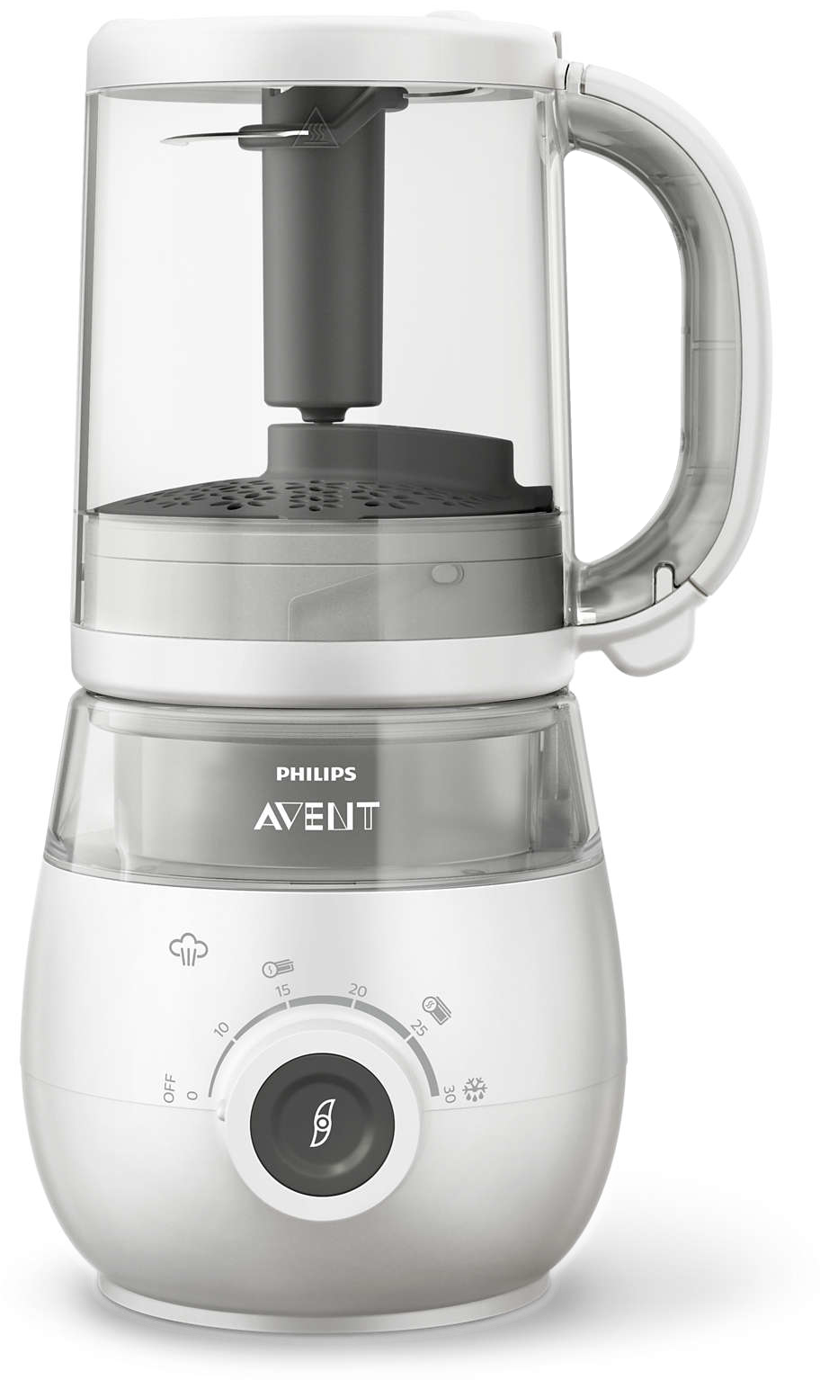 Robot culinaire pour bébé blanc et gris avec pichet transparent et poignée, affichage numérique.