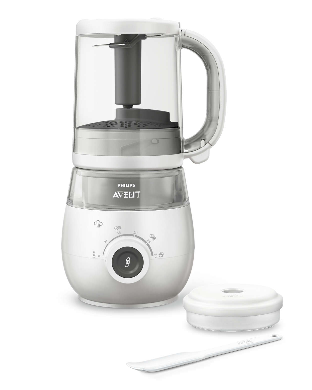 Un appareil pour aliments pour bébés Philips Avent blanc et gris, avec un récipient et une cuillère séparés.