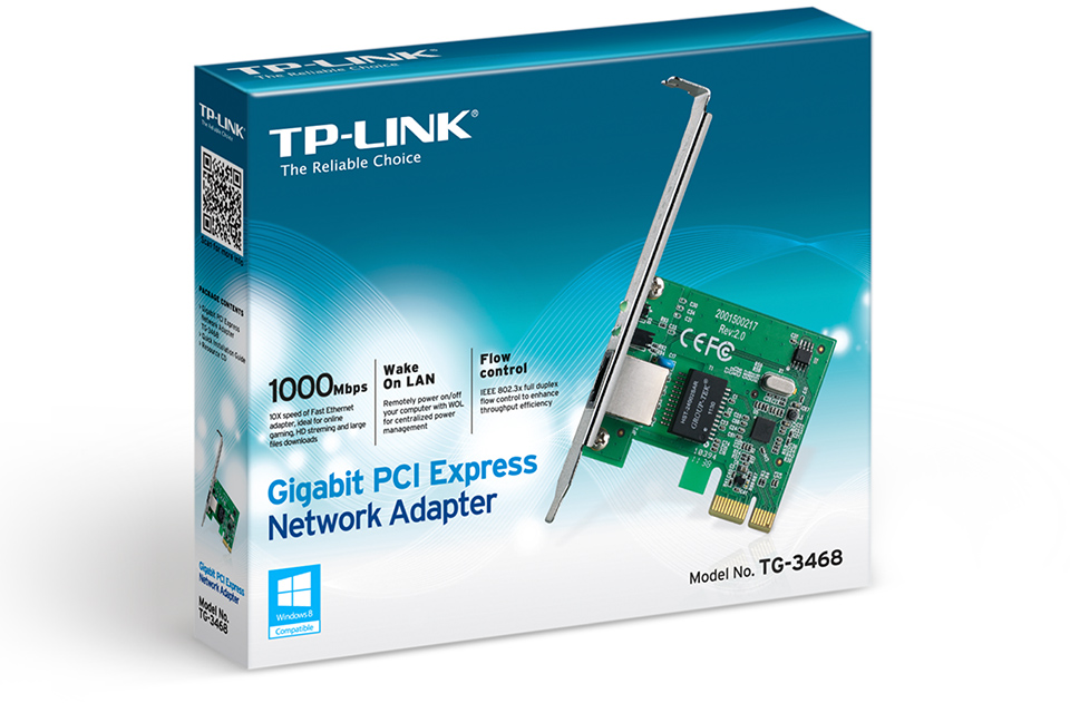 TP-Link Gigabit PCI Express hálózati adapter doboz. Zöld adapter látható.
