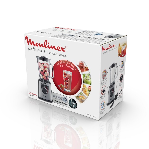 Caja de licuadora Moulinex que muestra la licuadora y un vaso de batido con frutas.