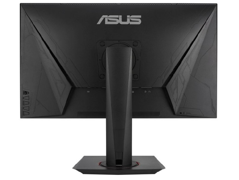 Parte trasera de un monitor ASUS, con el logotipo de ASUS y diseño geométrico, en negro.