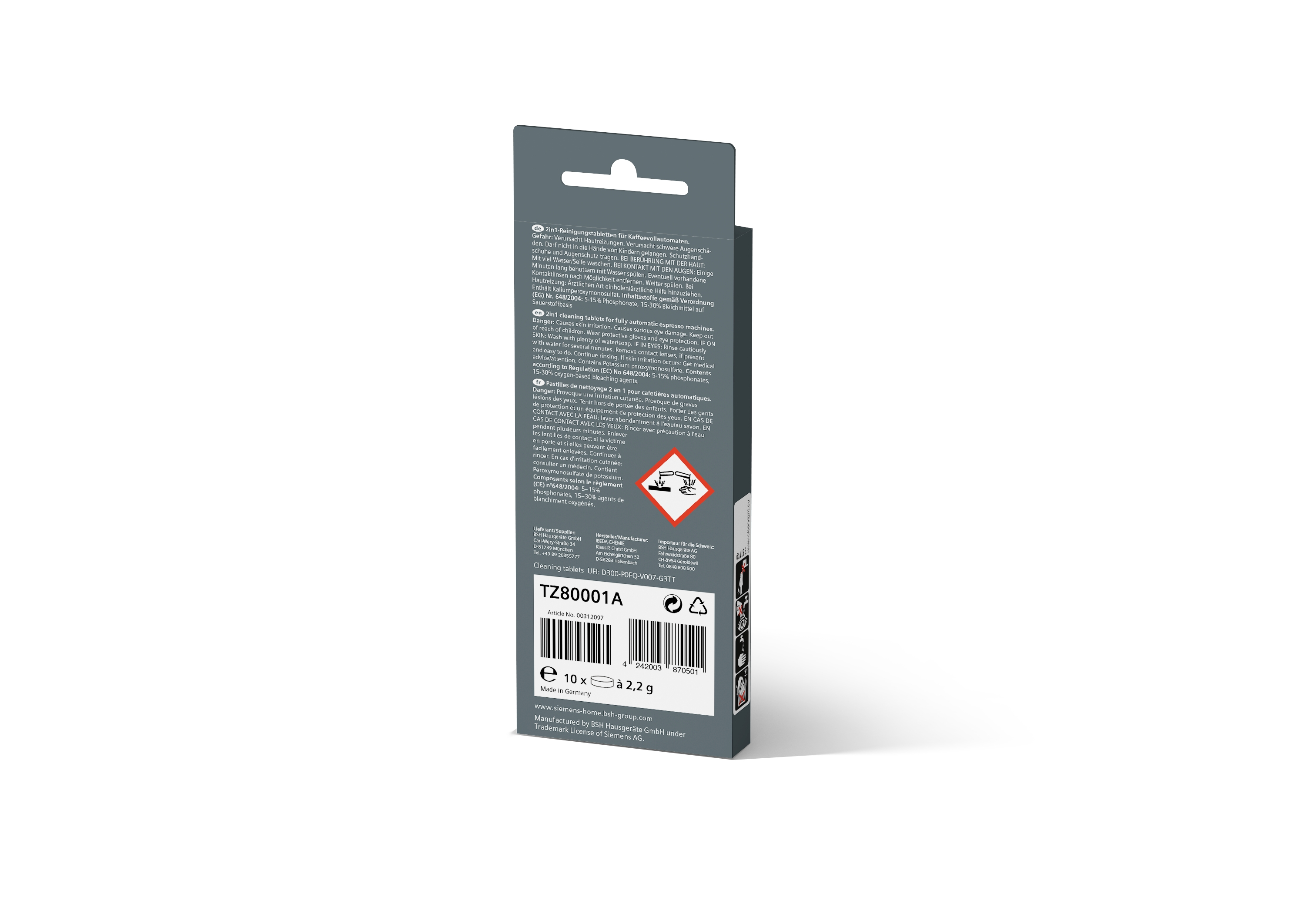 Verpackung für Reinigungstabletten, Rückseite mit Text und Symbolen.