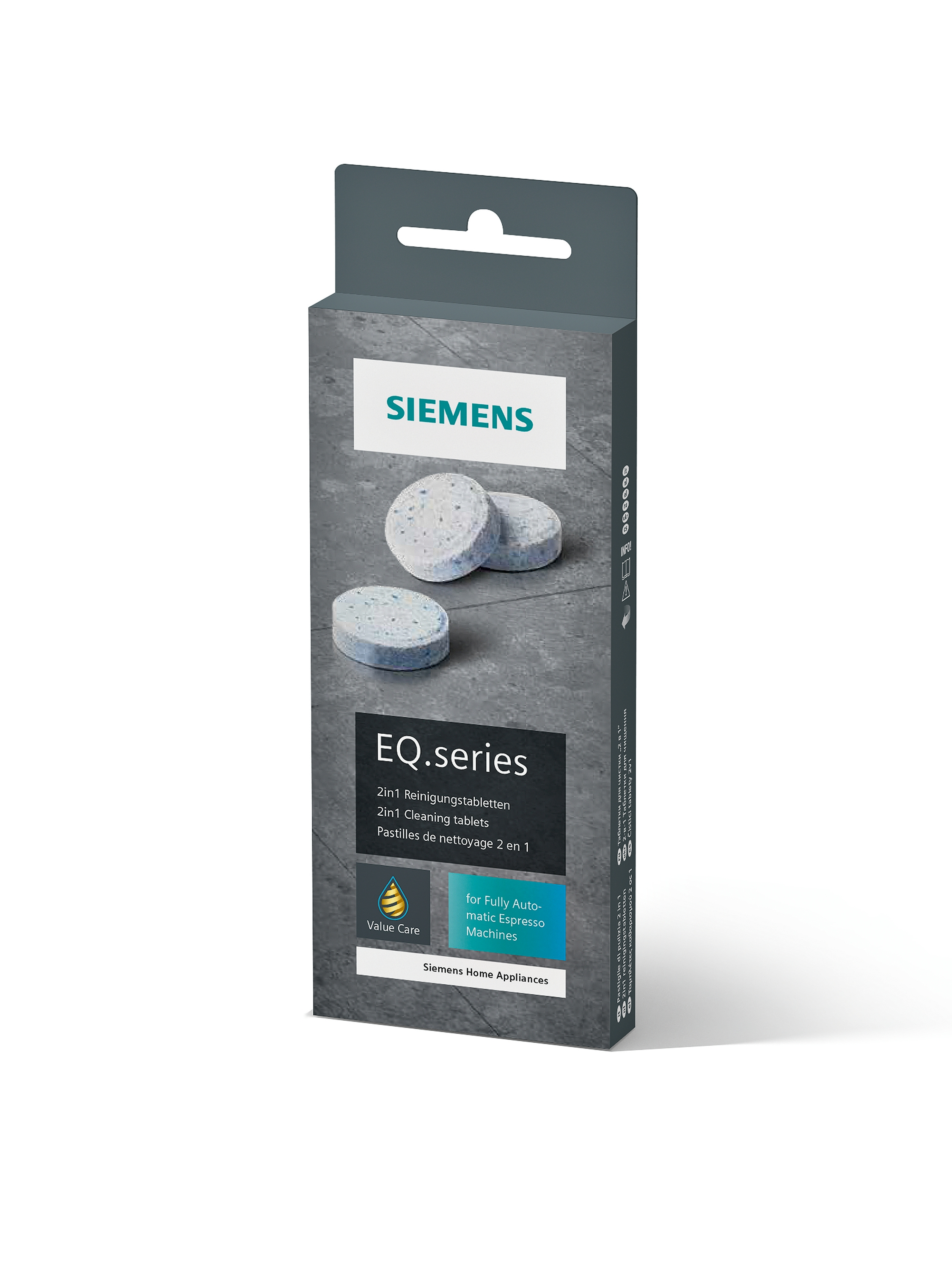Eine Schachtel mit Siemens EQ.series 2-in-1 Reinigungstabletten.