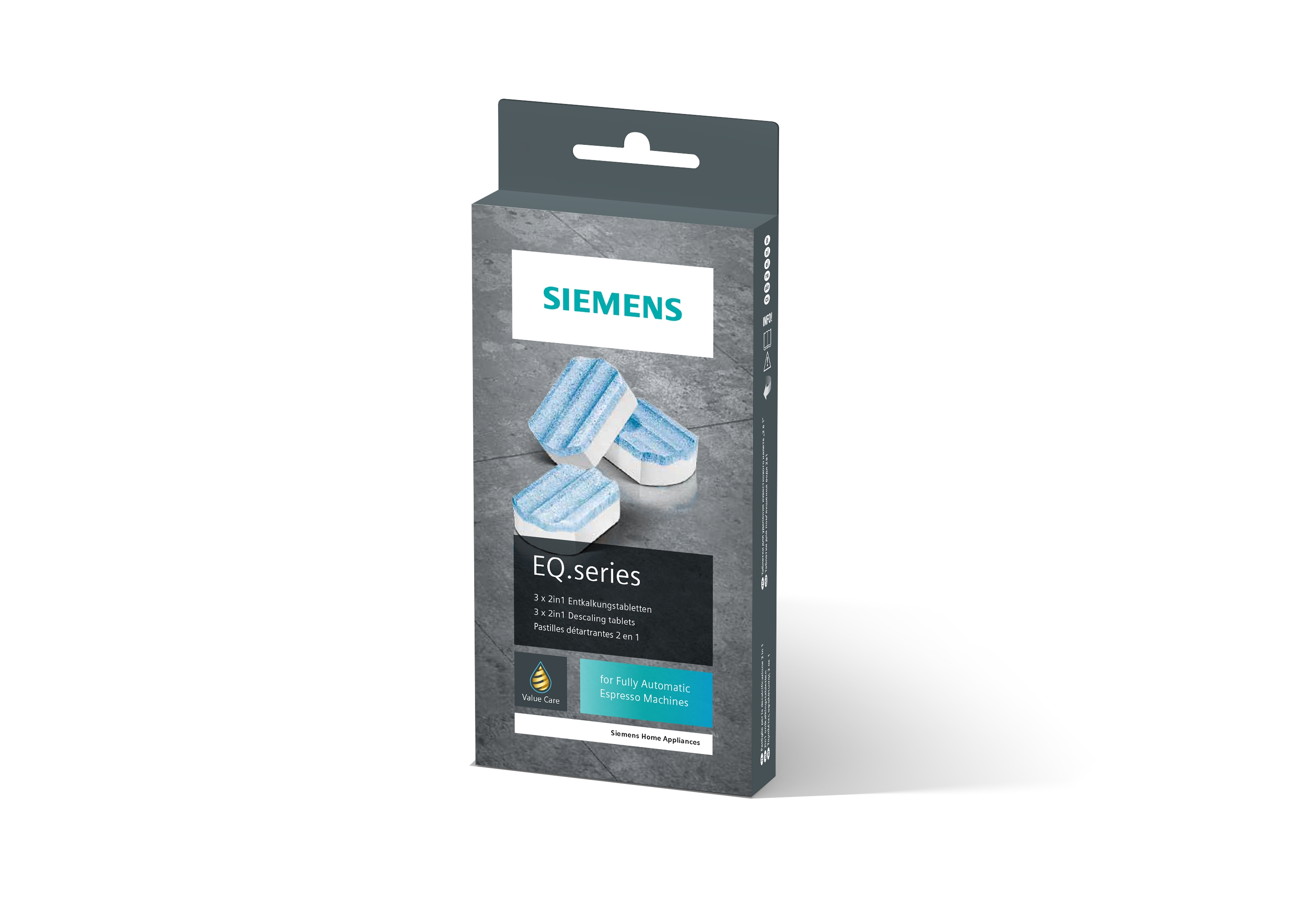Siemens EQ.series Reinigungstablettenbox. Box enthält blaue Reinigungstabletten.