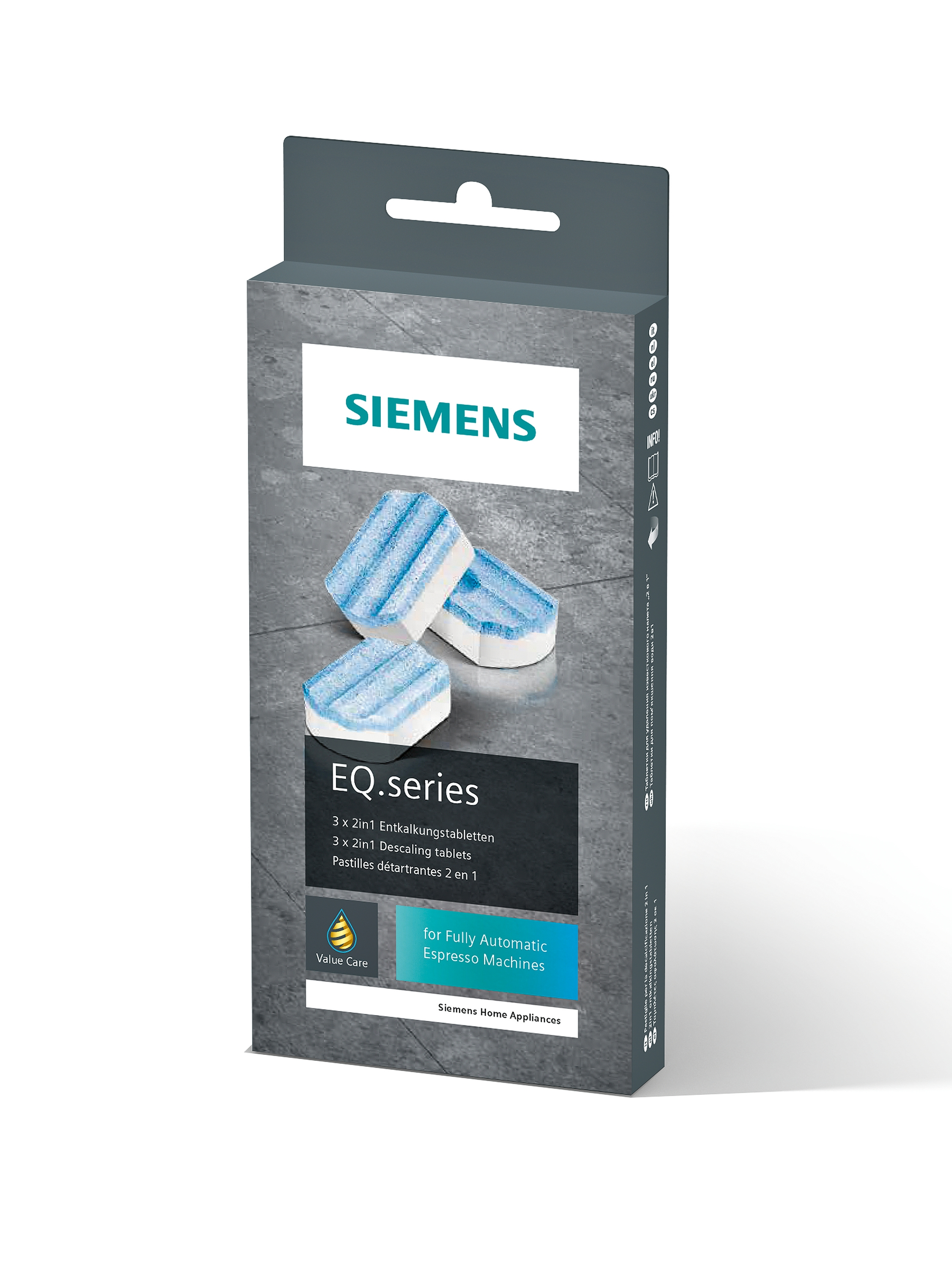 A box of Siemens descaling tablets on a white surface.