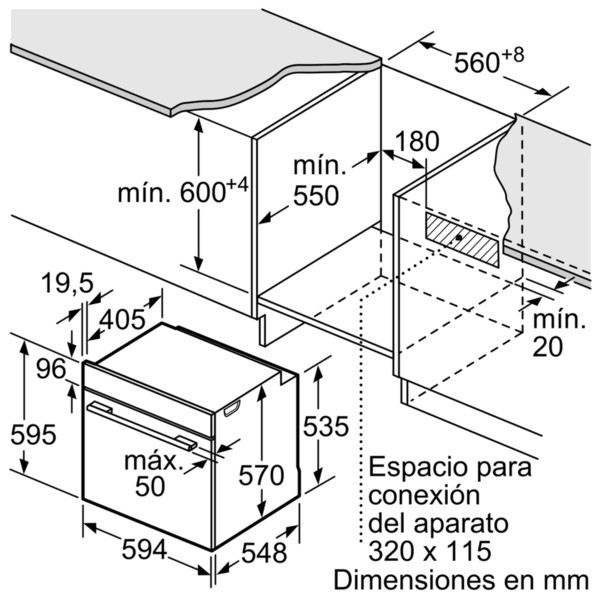 Diagrama de un horno con dimensiones. Es un dibujo técnico con medidas en mm.