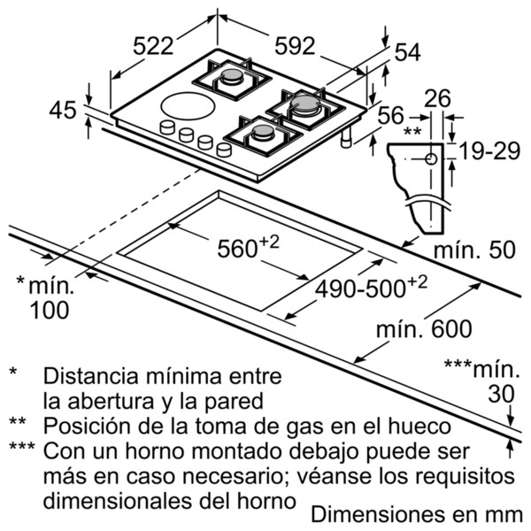 Diagrama de una placa de cocina con dimensiones en mm.