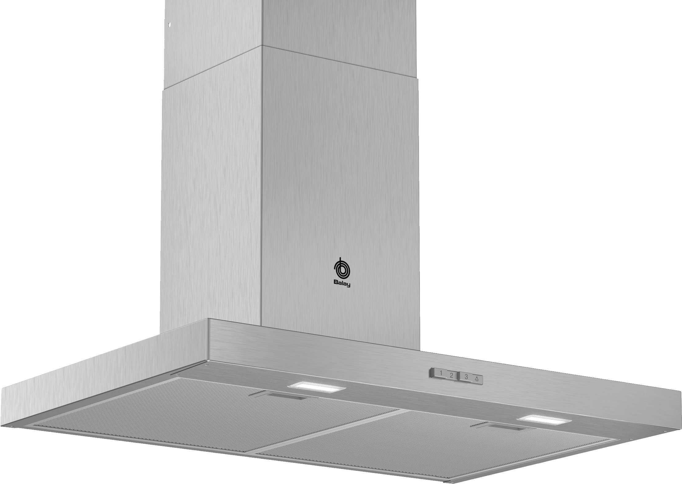 Campana extractora de acero inoxidable con luces y controles.