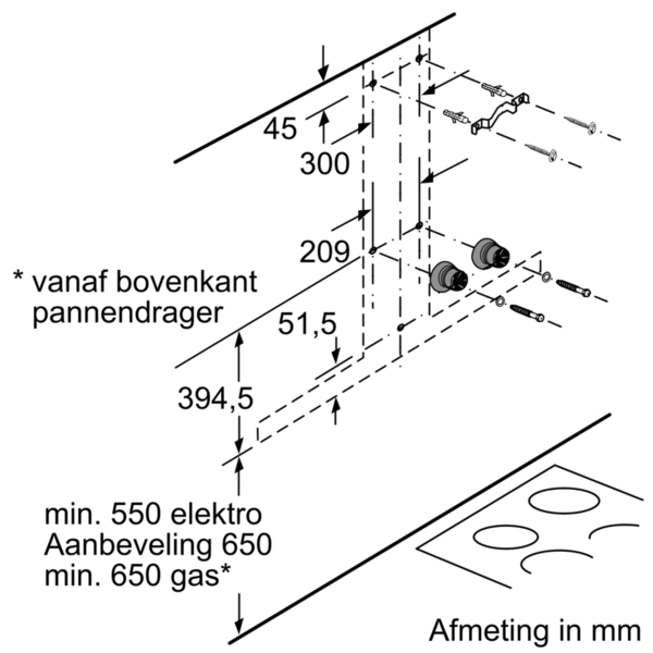 Diagram toont afmetingen voor de installatie van een keukenapparaat, in millimeters.