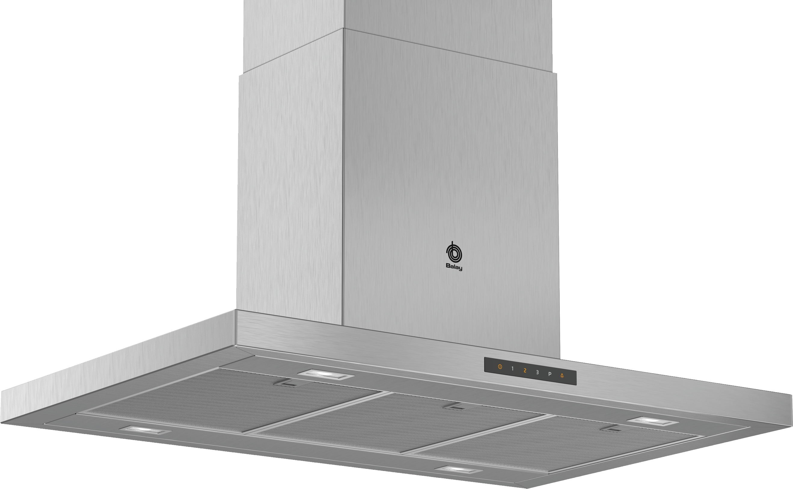 Una campana extractora Balay de acero inoxidable. El frente tiene luces y botones de control.