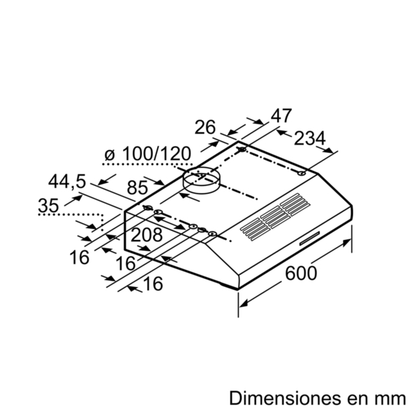 Diagrama de un electrodoméstico de cocina con dimensiones en milímetros, incluido un detalle de ventilación circular.