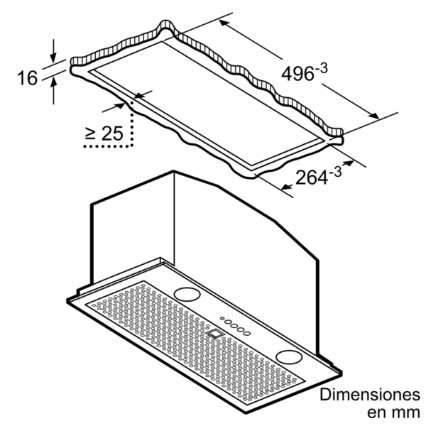 Diagrama de una campana extractora con dimensiones en milímetros.