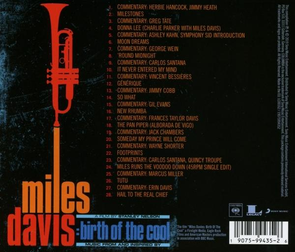 Achterkant van een Miles Davis cd-hoesje met tracklist. Een trompetgrafiek staat links.