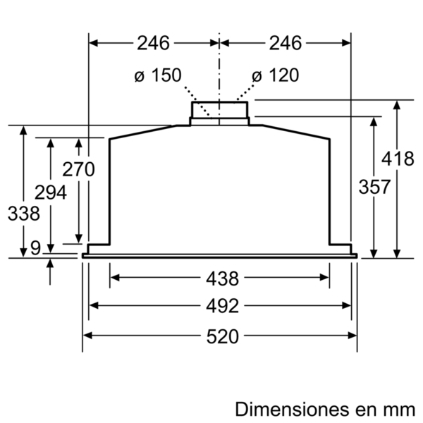 Diagrama de una campana extractora con dimensiones en milímetros.