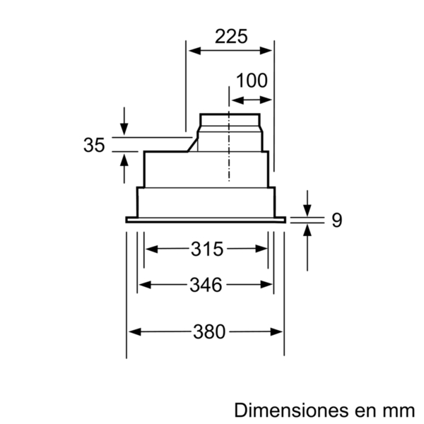 Un dibujo técnico de una campana extractora con medidas en mm.