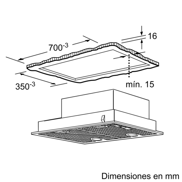 Dibujo técnico de una campana extractora con dimensiones en mm, diseño rectangular.