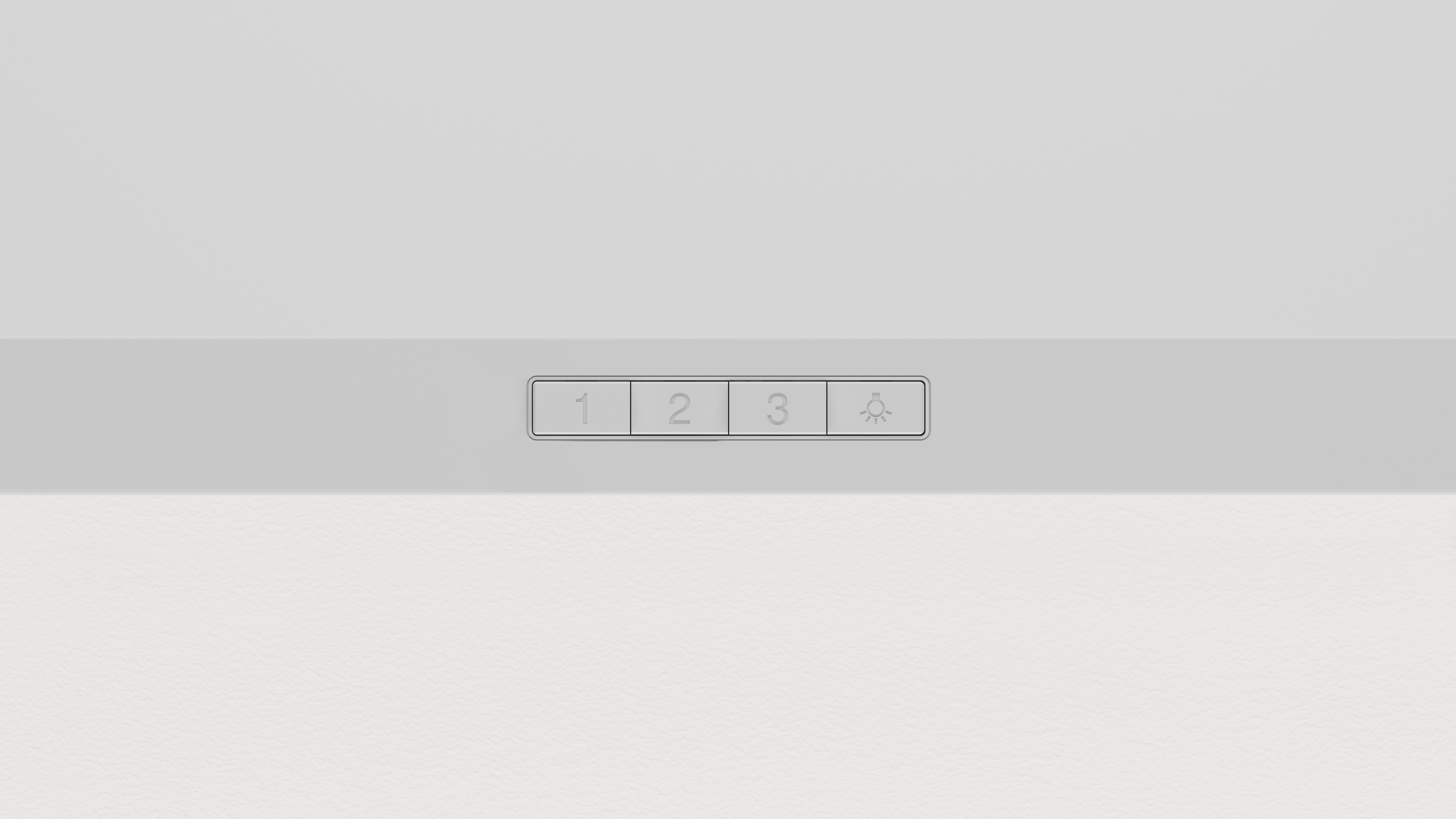 Primer plano de un panel de control de campana extractora blanca con tres botones numerados y un icono de luz.