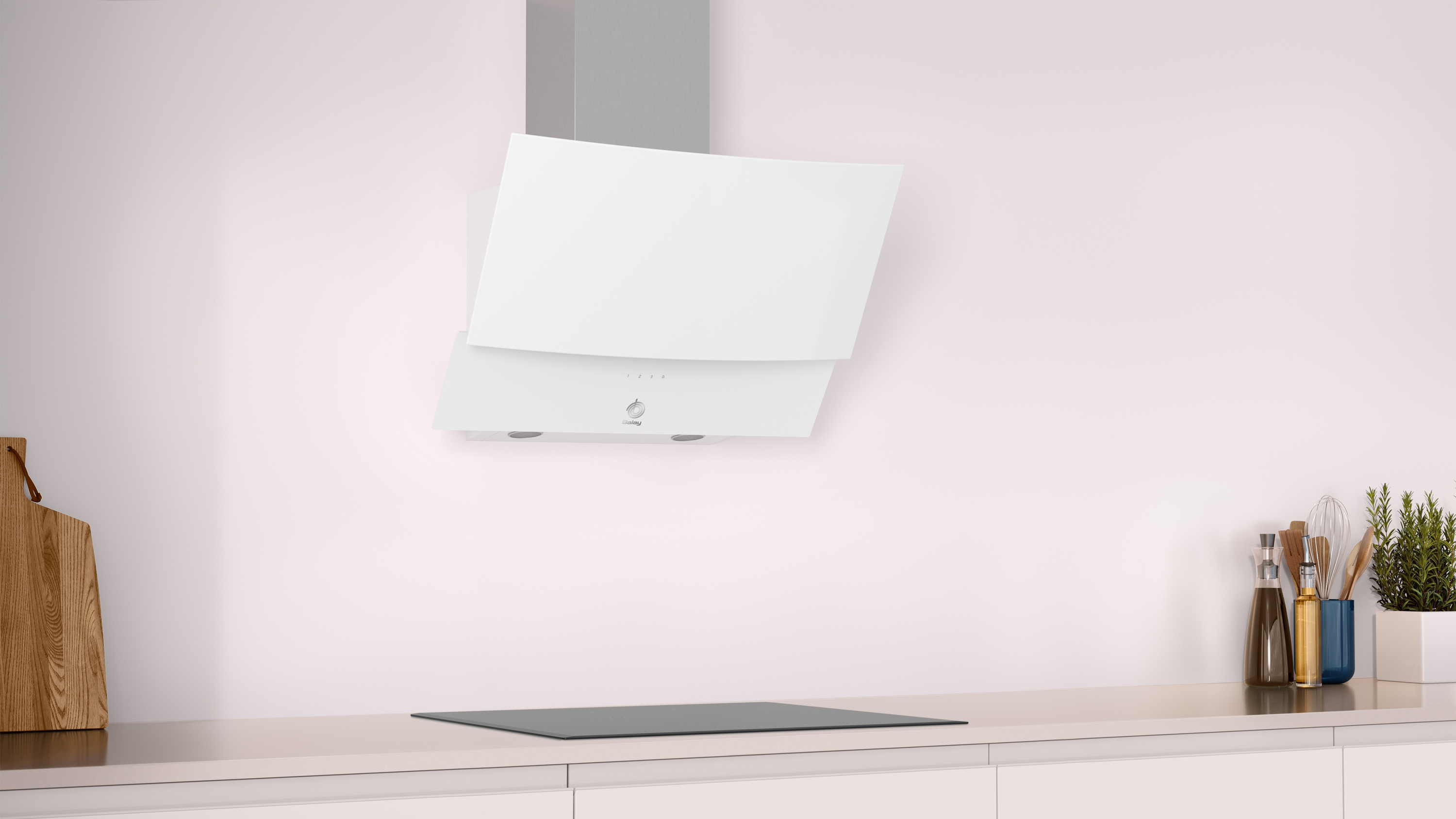 Una cocina moderna con superficies blancas y una campana extractora blanca.