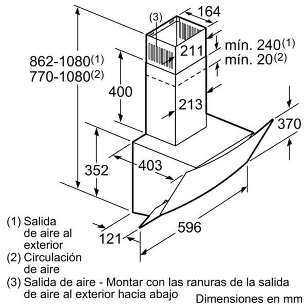 Diagrama con dimensiones de una campana extractora.