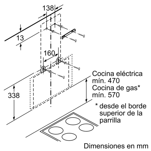 Dibujo de instalación de una placa de cocina eléctrica con dimensiones.