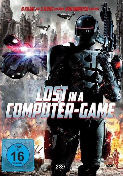 DVD-Cover. Ein Roboter mit einer Waffe, eine Stadt im Hintergrund. Text: Lost in a Computer-Game.