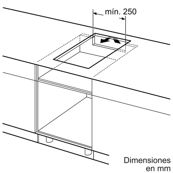 Diagrama que muestra las dimensiones de instalación de una encimera. Incluye las dimensiones del corte y distancias mínimas.