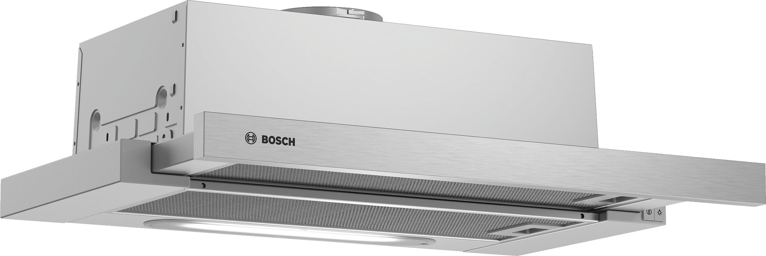 Una campana extractora de acero inoxidable con el logotipo de Bosch. La campana es rectangular.
