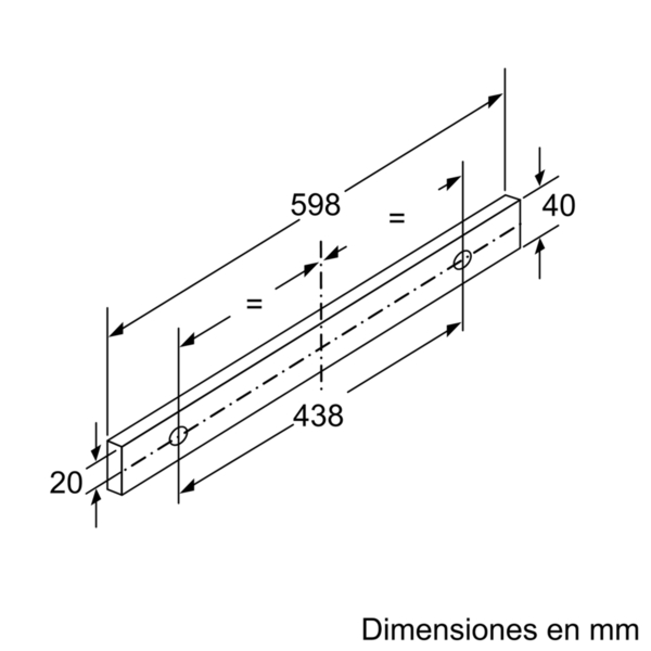 Un dibujo dimensionado de una barra de soporte con medidas en mm.