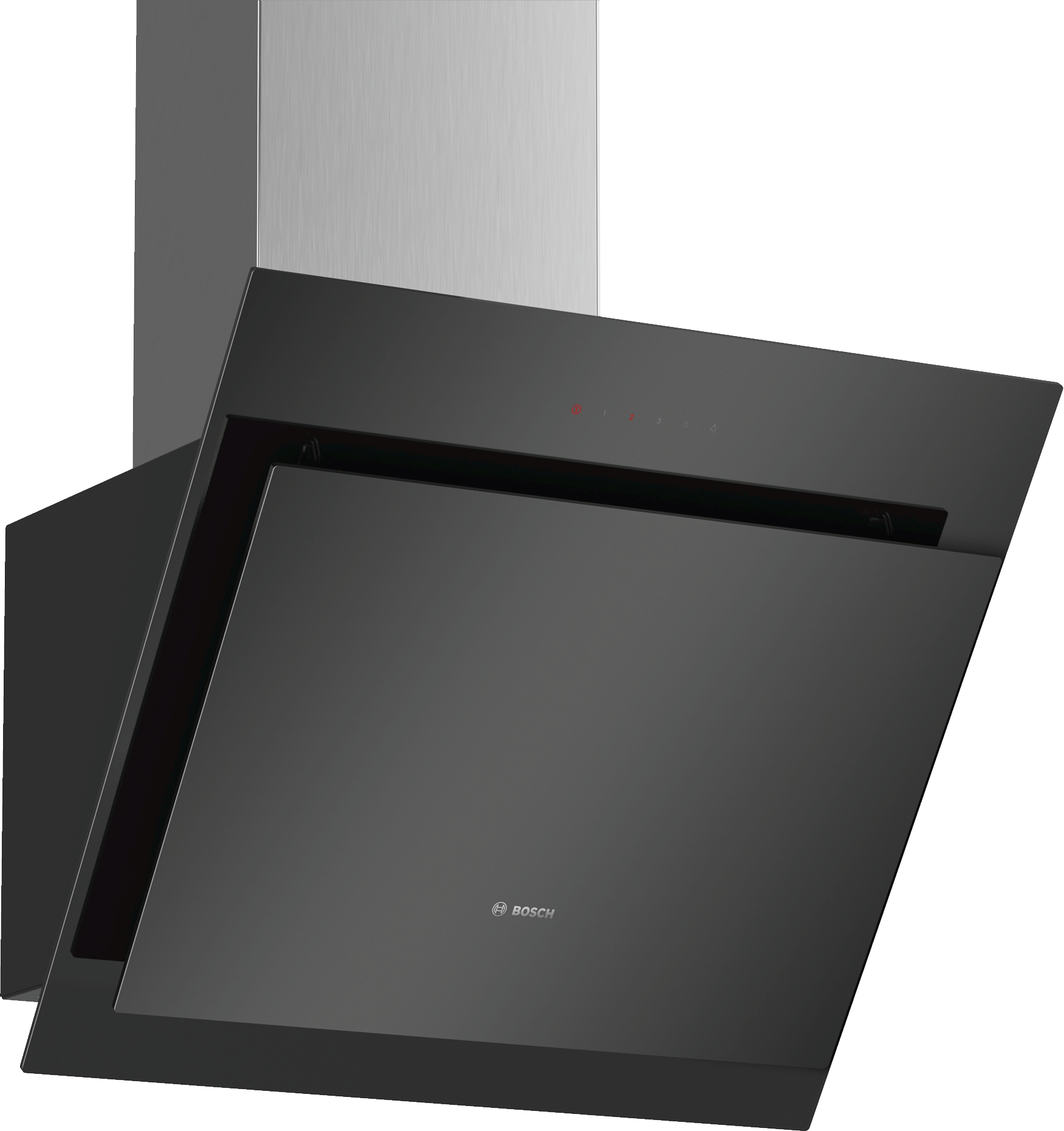 Una campana extractora Bosch negra, con un panel abierto. Los botones están en la parte superior, con una tapa plateada.