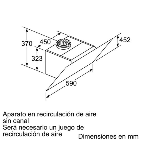 Diagrama de una campana rectangular con dimensiones en mm. Características de recirculación de aire y dimensiones 370, 450, 323, 590, 452.