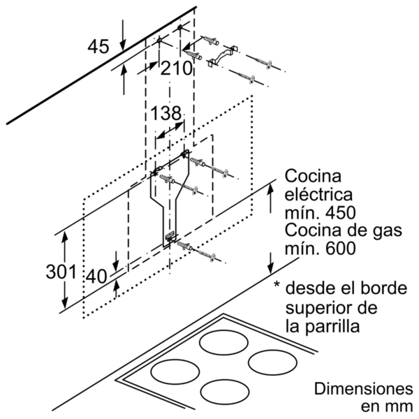 Diagrama de la instalación de una campana extractora, con dimensiones y detalles de montaje.